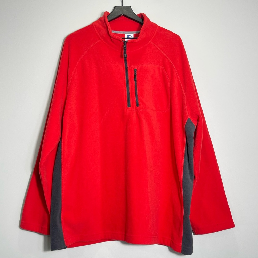 STARTER Men 1/4 Zip Fleece Pullover Red Gray Color Block Zip Pocket Size 2X